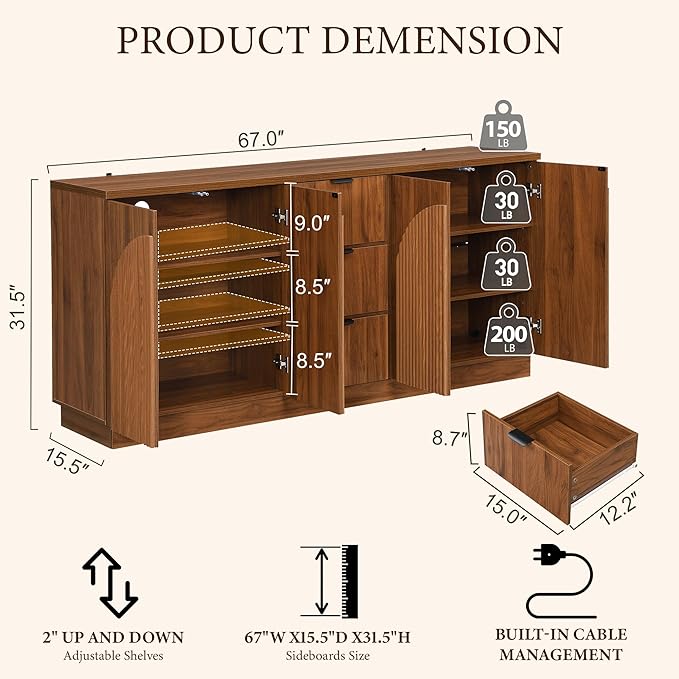 Brafab 67" Mid Century Modern Style Storage Sideboard with 4 Arched Reeded Design Doors and 3 Drawers with Adjustable Shelves, Suitable for Living Rooms, Studies and Dining Rooms (Walnut, 1 PCS)