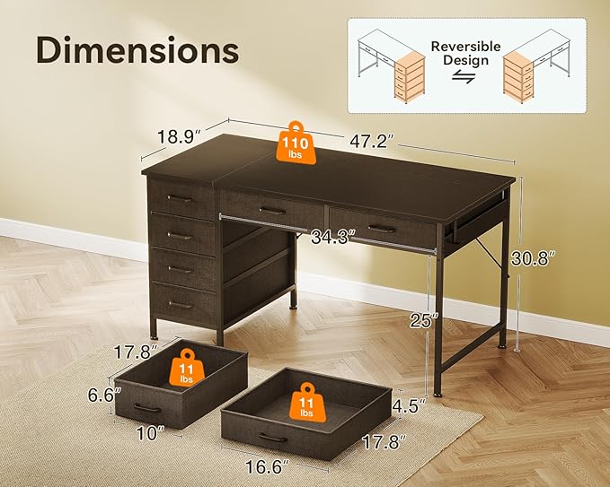 ODK Computer Desk with 6 Drawers, 48 Inch Office Desk with Storage, Reversible Desk with Headphone Hook for Home Office, Work Study Table for Bedroom, Black