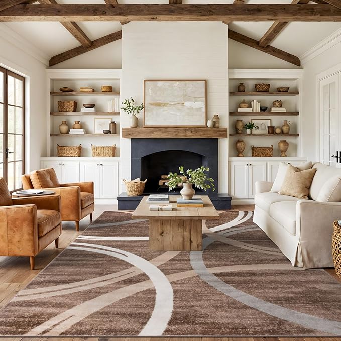 Rugshop Modern Wavy Circles Design Area Rug, Fade-Resistant Carpet for Living Room, Bedroom, or Dining Room, Grand Room,Open Spaces Brown, 12' x 15'