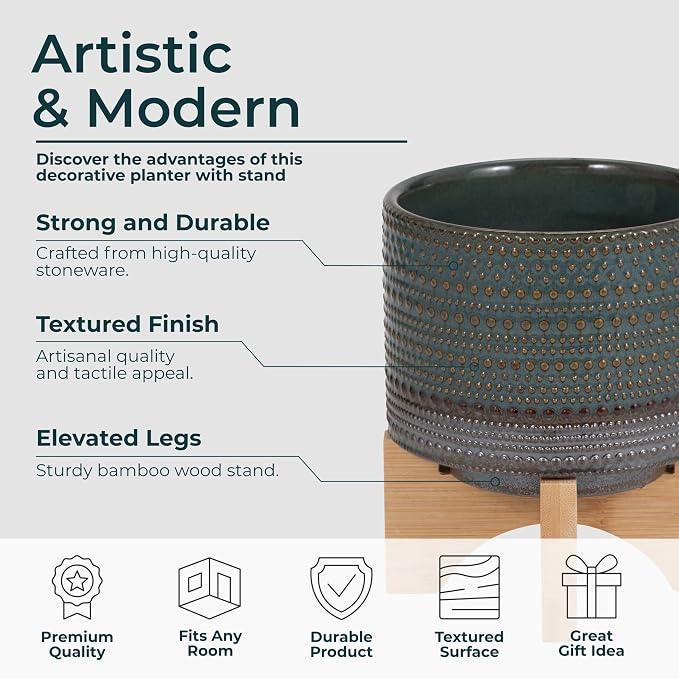 Ceramic Dotted Planter with Wood Stand for Home Decor - Modern Flower Planters for Patio, Entryway, and Garden - Small Decorative Pot Display for Indoor and Outdoor Plants - 8", Green & Tan