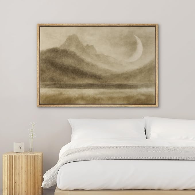 SIGNWIN Framed Canvas Print Wall Art Moon Over Mountain Landscape Dreamy Sepia Toned Wall Decor Illustrations Minimalism Decorative Boho Retro for Living Room, Bedroom, Office - 24"x36" Natural