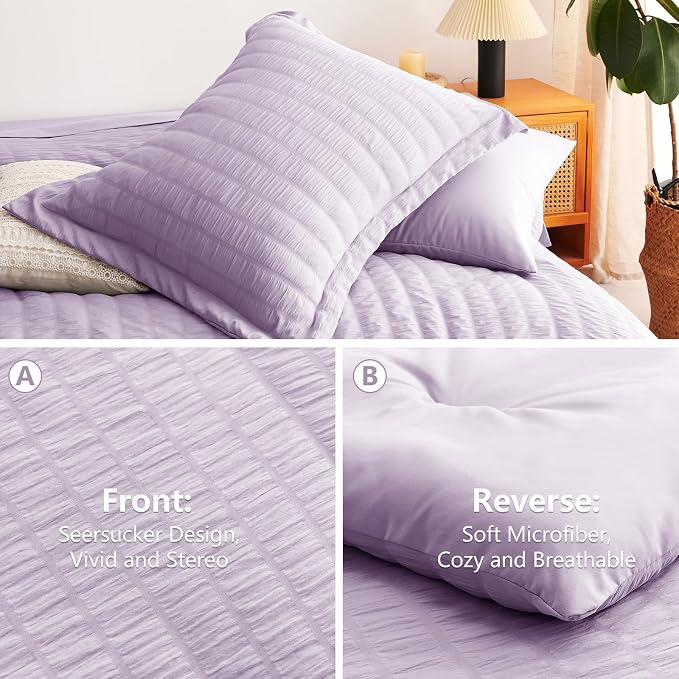 CozyLux Full Size Comforter Sets Light Purple, 7 Pieces Seersucker Textured Luxury Bed in a Bag Lavender, All Season Bedding Set with Down Alternative Comforter, Sheets, Pillowcases & Shams, Home Gift