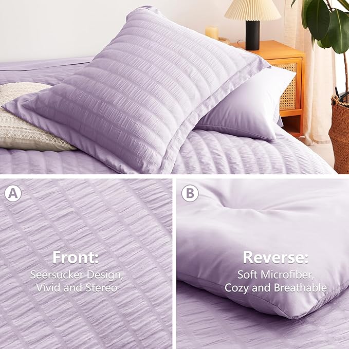 CozyLux Queen Comforter Set Light Purple, 7 Pieces Seersucker Textured Luxury Bed in a Bag Queen, Lavender All Season Bedding Set with Down Alternative Comforter, Sheets, Pillowcases & Shams Home Gift