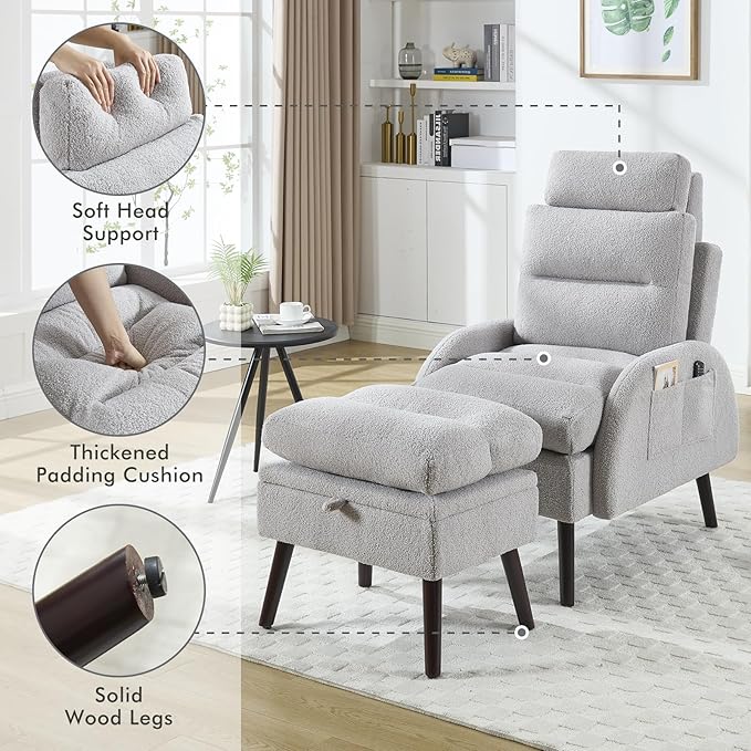 HCHAIRH Accent Chair with Ottoman Set, Comfy Teddy Reading Chair and Ottoman, Modern Oversized Lounge Armchair with Adjustable Backrest for Living Room Bedroom, Light Grey