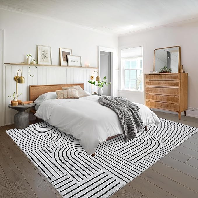 Washable Rug 8x10 Area Rugs for Living Room, Abstract Rug for Bedroom, Soft Rainbow Non Slip Rugs with Rubber Back, Low Pile Stain Resistant Boho Geometric Carpet for Dining Room, Blackwhite
