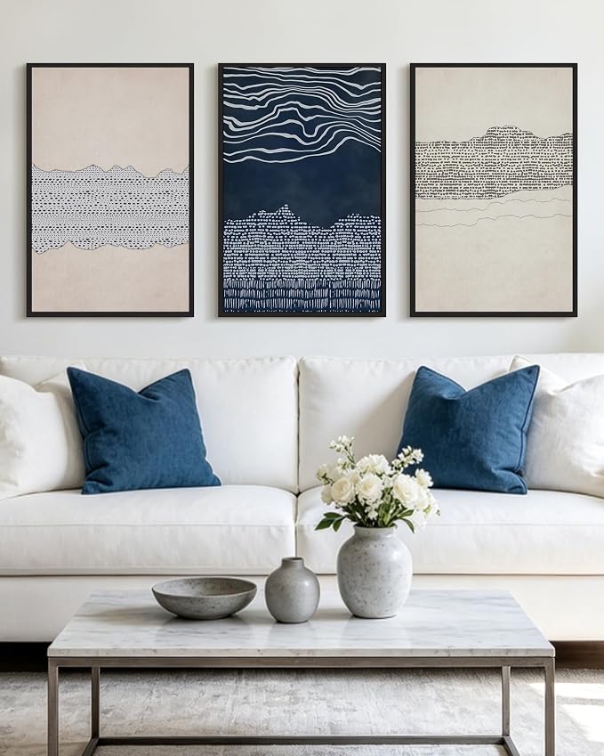 KUVIOKE Navy Blue Abstract Framed Wall Art Modern Neutral Minimalist Wooden Pastel Boho Wall Decor Farmhouse Rustic Art Painting Home Decor 16x24in (Black Framed)