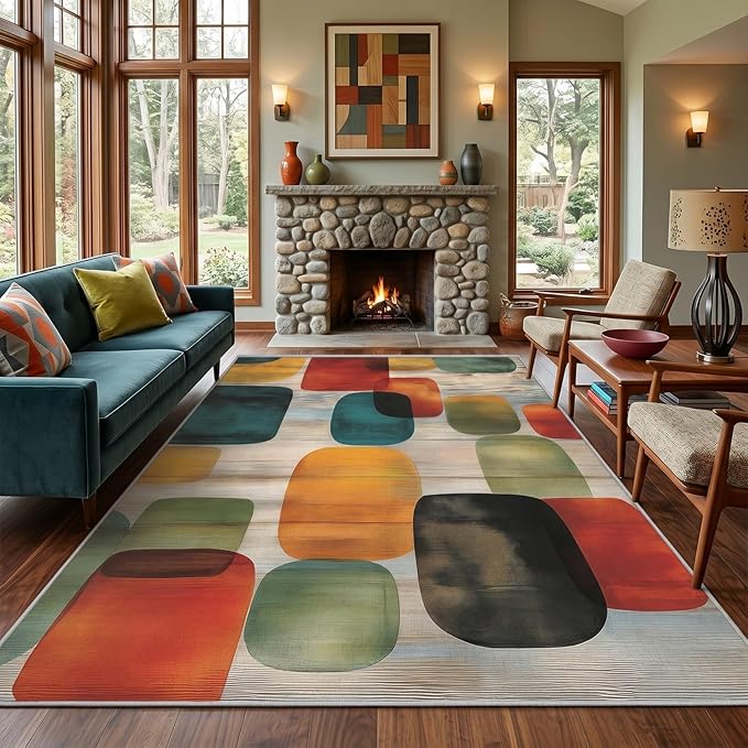 Mid-Century Geometric Area Rug 7x7 ft, Retro Color Block Abstract Statement Rug, Low Pile Non-Slip Washable Indoor Rug for Living Room Bedroom