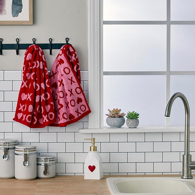 SKL Home Valentines Day Xs and Os Jacquard 100% Cotton Reversible 2pc Hand Towel Set, Decorative for Bath/Kitchen/Bar & Gift, Red