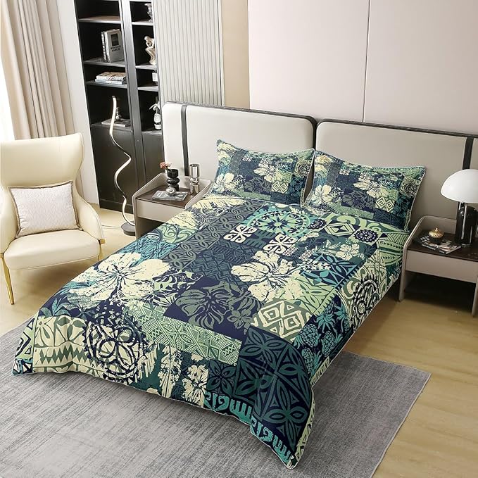 100% Natural Cotton Boho Floral Duvet Cover Full Exotic Leaves Bedding Set Bohemian Religious Indian Comforter Cover Geometric Tribal Stamp Bedroom Decor Green Ethnic Quilt Cover For Kids Boys Girls