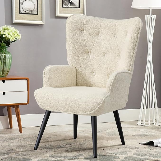 Furniliving Boucle Accent Chair for Living Room, Upholstered Reading Chair with High Backrest, Tufted-Button Wingback Armchair for Bedroom, Dressing Room, Home Office, Ivory White