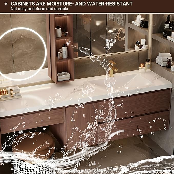 Floating Bathroom Vanity with Makeup Table, Single Sink Bathroom Vanity Includes LED Smart Defog Mirror with Open Shelf and Side Storage Cabinet, Wall-Mount Vanities with Drawers (Walnut A,96")