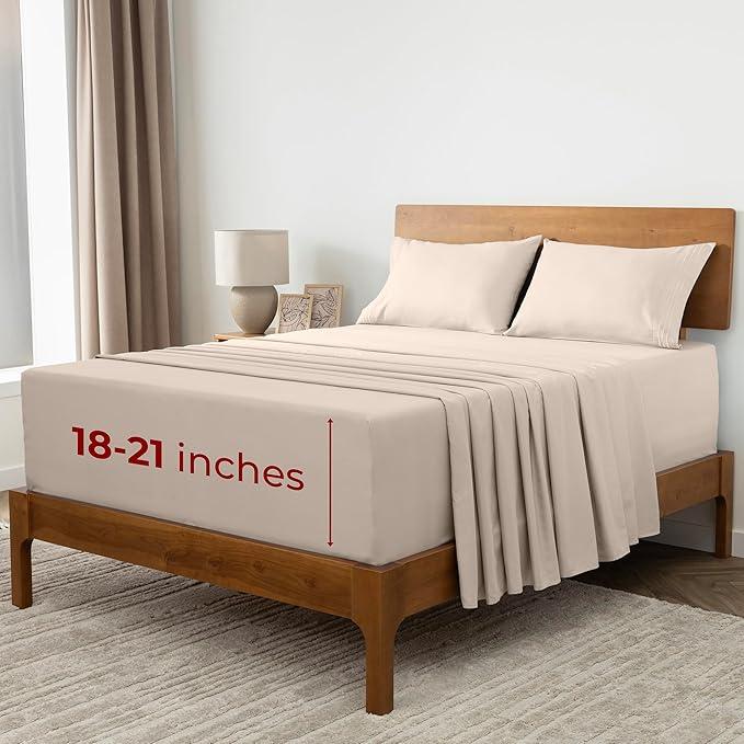 Mellanni Extra Deep Split King Sheets - 5 PC Iconic Collection Bedding - Hotel Luxury, Ultra Soft, Cooling Bed Sheets - Wrinkle, Fade, Stain Resistant (Split King, Beige)