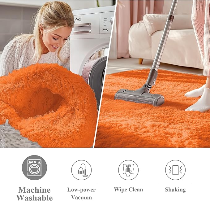 OLANLY Orange Round Rugs for Bedroom - Machine Washable, 5 ft Circle Area Rugs for Living Room, Soft and Fluffy Shaggy Carpet for Teen Girl and Boys, Nursery Rooms, Dorms, Home Decor Aesthetic