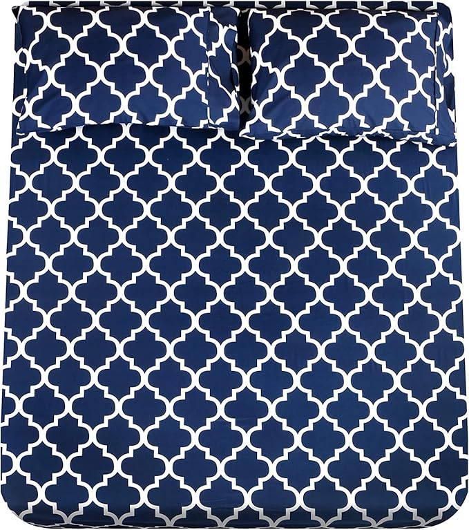 Mejoroom Full Bed Sheet Set - Super Soft Brushed Microfiber 1800 Thread Count Sheets with 16 inch Deep Pocket - Wrinkle Free - 4 Piece(Full, Navy Quatrefoil with White Pattern)