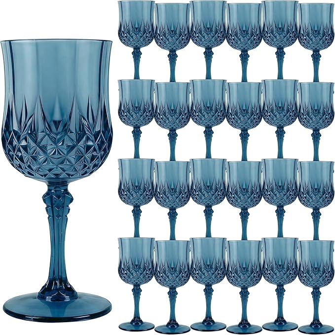 Plastic Wine Glasses, Plastic Goblets Vintage Style Cordial Drinking Glasses for Valentine’s Day, Wedding Reception, Grand Event Party Supplies (24, Navy Blue)