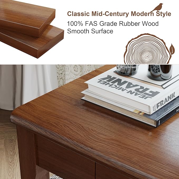 Solid Wood Desk with Drawers - 47 x 22 Inch Vintage Desks, Mid Century Modern Desks, Rubber Wood Study Table, Writing Desk with Drawers for Bedroom|Any Spaces - Walnut Color