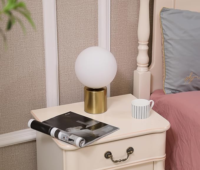 11 Inch Modern Mid Century Gold Globe Table Lamp,Round Bedside Nightstand Lamp with White Glass Shade Metal Base Desk Lamp for Bedroom Living Room End Table