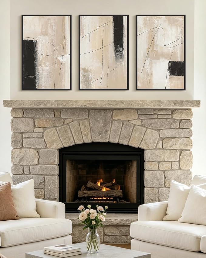 KUVIOKE Abstract Framed Wall Art Minimalist Beige Pastel Watercolor Neutral Wall Decor Modern Black Line Art Painting Home Decor 16x24in (Black Framed)