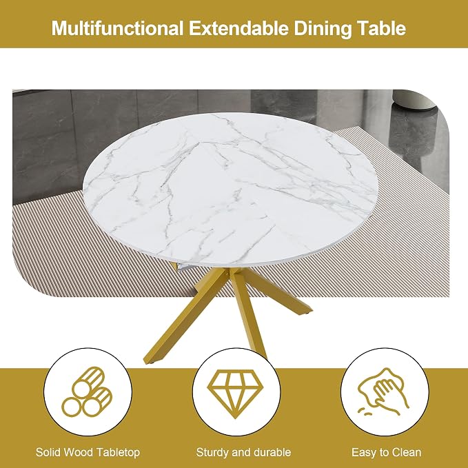 43"-59" Extendable Round Dining Table for 4-6,Modern White and Gold Dining Room Table,Expandable Kitchen Table for Small Spaces