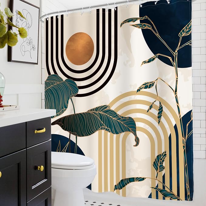 Glawry Blue Abstract Mid Century Shower Curtain Boho Retro Tropical Palm Tree Sun Arch Modern Bathroom Aesthetic Geometric 60Wx72L Inches Bath Accessories Art Home Decor Fabric 12 Pack Hooks