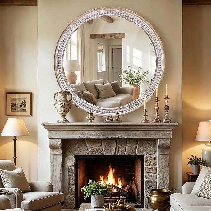 HOITUZYUS 30 Inch Farmhouse Round Wall Mirrors with Rustic Wooden Frame – Large Boho Decorative Circle Mirror for Bathroom, Living Room, Entryway & Foyer