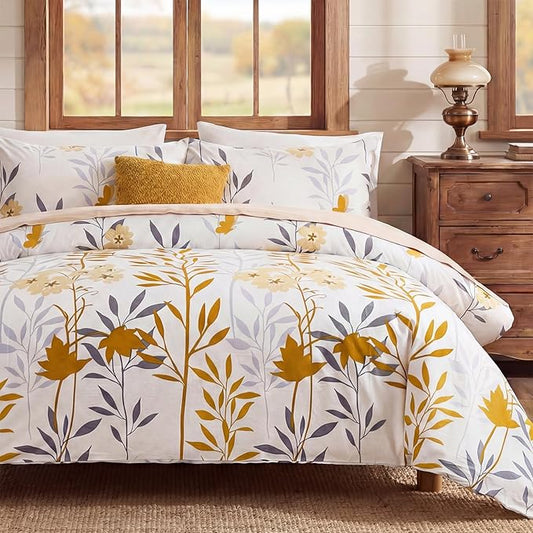 100% Cotton Duvet Cover Set King Size, Yellow Floral Bedding Set 3 Pcs Reversible Lightweight Comforter Cover for All Season(King, Yellow Botanical)