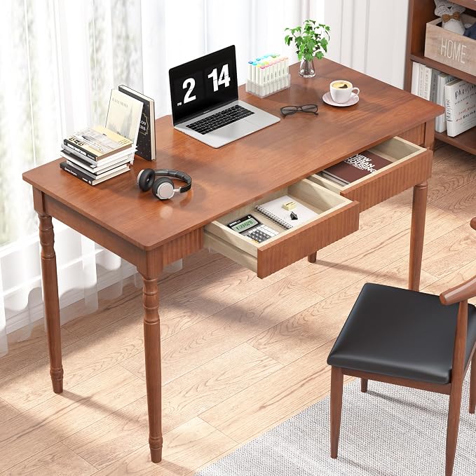 Solid Wood Desk with 2 Drawers - 47.2" Mid Century Modern Desks, Small Wooden Vintage Writing Desk, Fluted Design Walnut Home Office Computer Desks, Gaming Study Vanity Table for Living Room, Bedroom