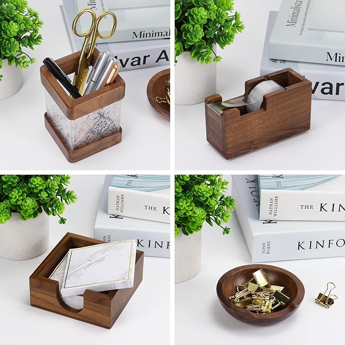 MultiBey 4PCS Walnut Office Supplies Desk Organizers, Wood Sticky Notes Holder Tape Dispenser Cutter Wooden Pencil Holder and Paper Clip Holder for Office Home School