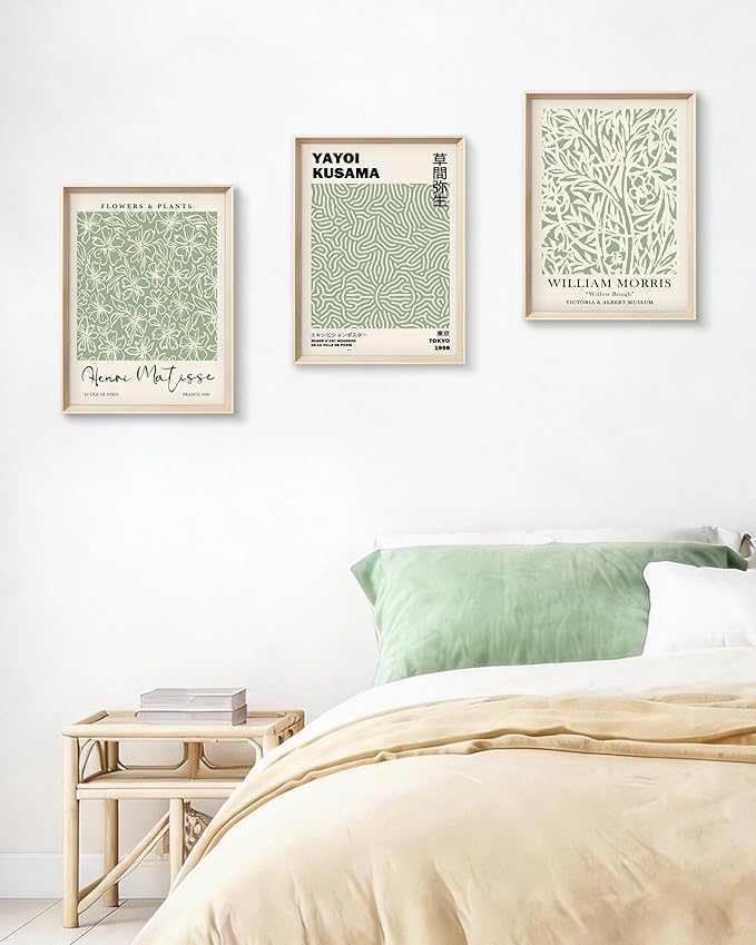 HesenDot Framed Matisse Sage Green Wall Art,William Morris Canvas Wall Decor,16x12IN High Framed Wood Design Prints,Minimalist Classic Decor Aesthetic for Living Room,Bedroom,Bathroom Set of 3