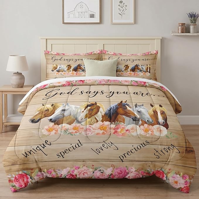WeCozy Twin Size Comforter Set with Pillowcase, Colorful Pink Flower Horses Animal 2 Pcs Bedding for Kids and Adults, Inspirational Thoughts and Prayer Soft Comforter Set for Bedroom Bed Decor