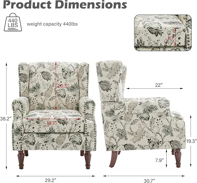High Back Floral Accent Chairs Set of 2, Fabric Upholstered Armchair for Living Room, Retro Printed Wingback Arm Chair Nailhead Trim Single Sofa Bedroom Reading Seat - Beige Plants