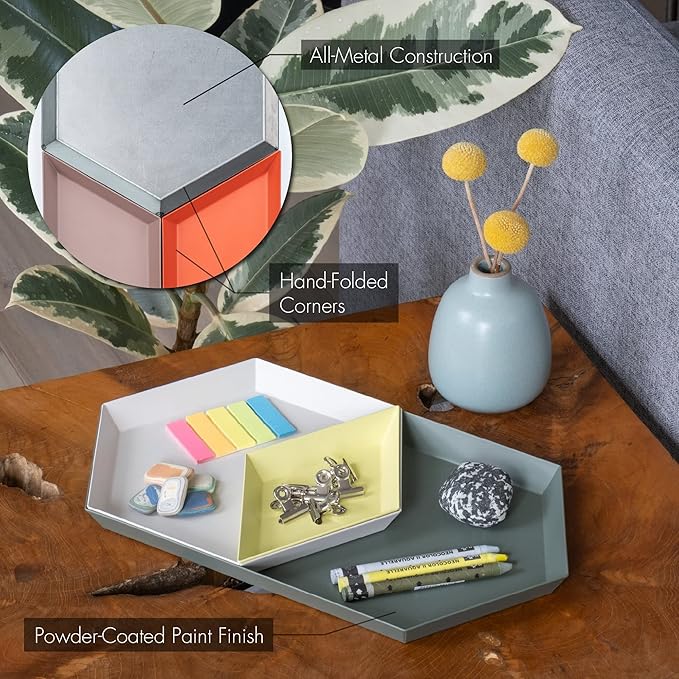 LINE+ARC Hand-Painted Metal Nesting Trays (Set of 3 ModTrays, Tomato & Blue Oat) for Mid-Century Modern Coffee Table Entryway Stacking Geometric Trinket Valet Catchall Vanity Jewelry Ottoman