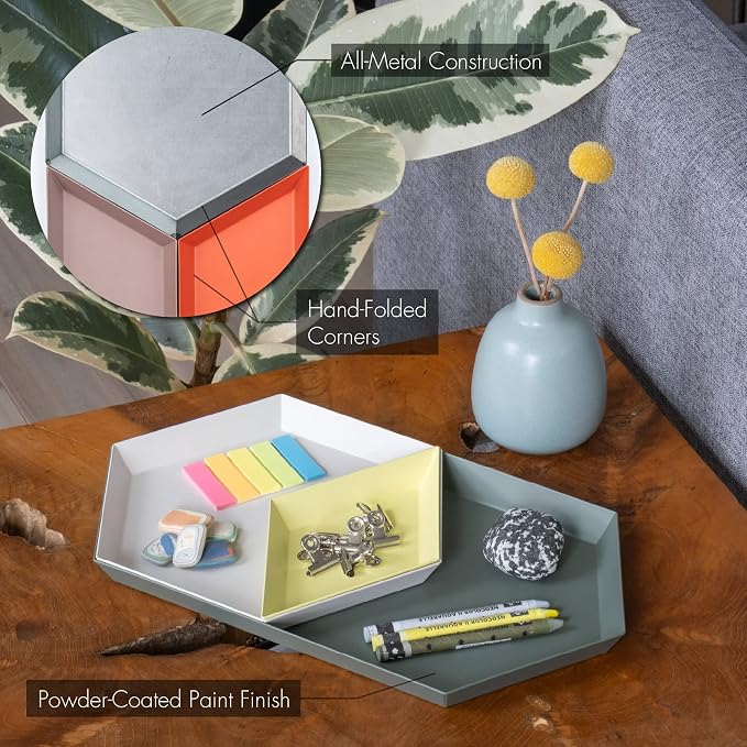 LINE+ARC Hand-Painted Metal Nesting Trays (Set of 3 ModTrays, Joshua Tree) for Mid-Century Modern Coffee Table Entryway Stacking Geometric Trinket Valet Catchall Vanity Jewelry Ottoman