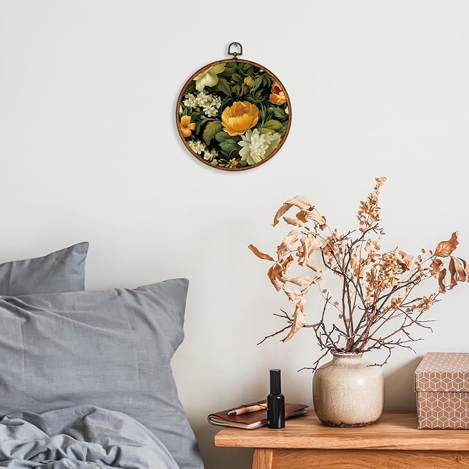 KSDUT Rustic Flower Wall Art Decor - Botanical Neutral Mid Century Modern Wall Art Canvas Frame Hanging Prints, Vintage Retro Round Wall Art Decor for Home Decorations 10"x10"