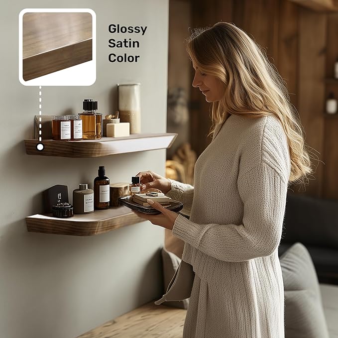 Premium Wood White Floating Shelves for Wall 16 Inch (Set of 2) (American Walnut, Glossy, 36" x 8" x 1.6")