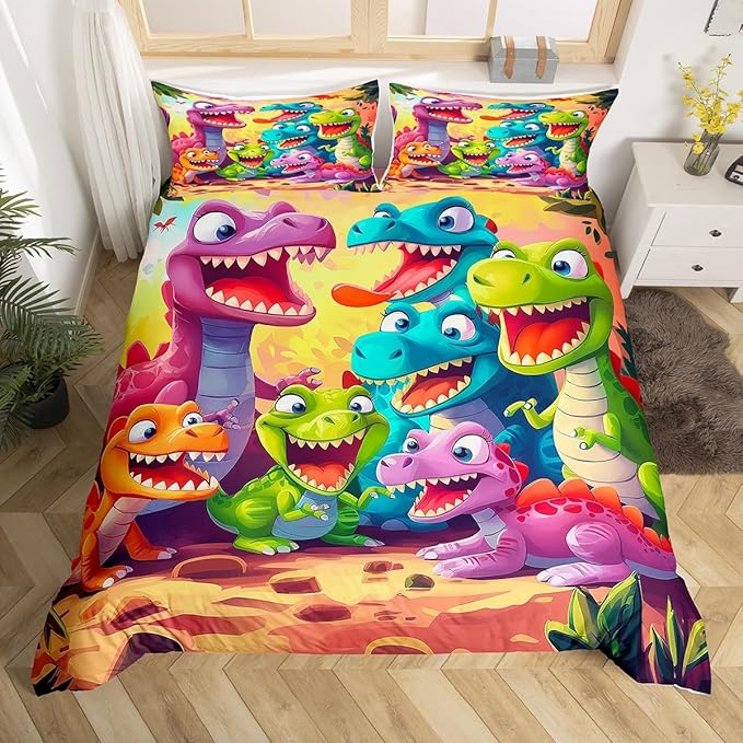 Manfei Watercolor Dinosaur Duvet Cover Set King Size,Cute Dino Botanical Plants Bedding Set for Boys Girls,Cartoon Animal Wildlife Comforter Cover,Brown Colorful Quilt Cover,2 Pillowcases(No Filler)