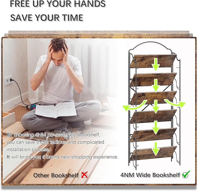 4NM No Assembly Folding Bookshelf for Living Room, 6 Tiers Collapsible Book Shelves Open Industrial Foldable Bookcase Storage Shelf for Home Office - Rustic Brown Black
