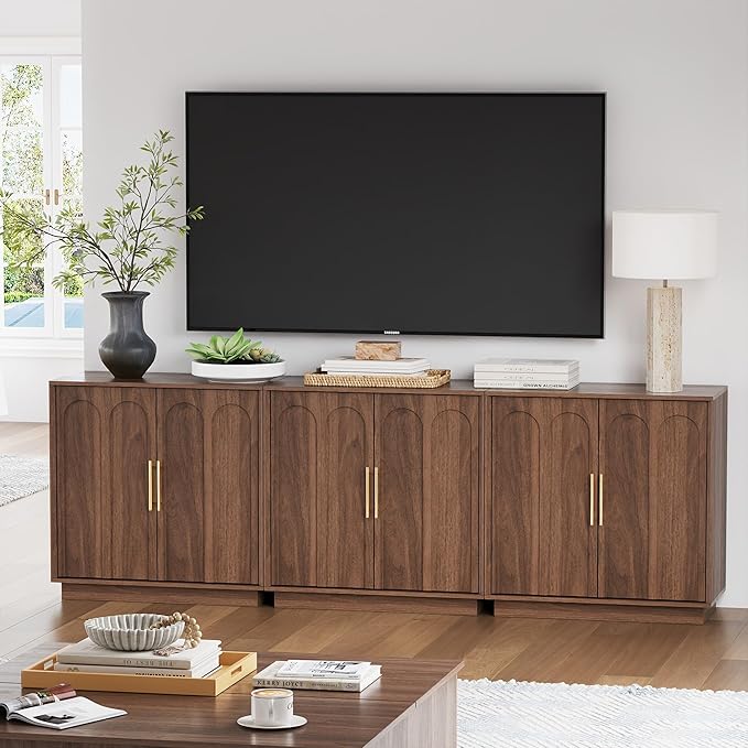 Sideboard Buffet Cabinet with Storage, Mid Century Modern Accent Cabinet with Arched Doors, Modular Media Console, Minimalist Credenza for Living Room Kitchen Dining Room Entryway, Walnut