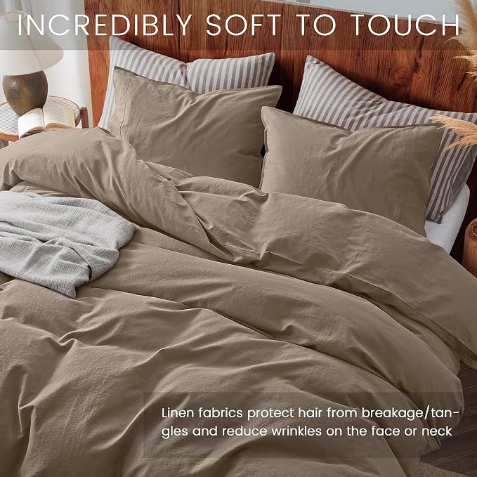 3Pcs Organic Linen Duvet Cover King Size, 100% French Linen from Normandy, Soft & Durable Brown Comforter Cover with 2 Pillowcases, 1 Duvet Cover with Zipper