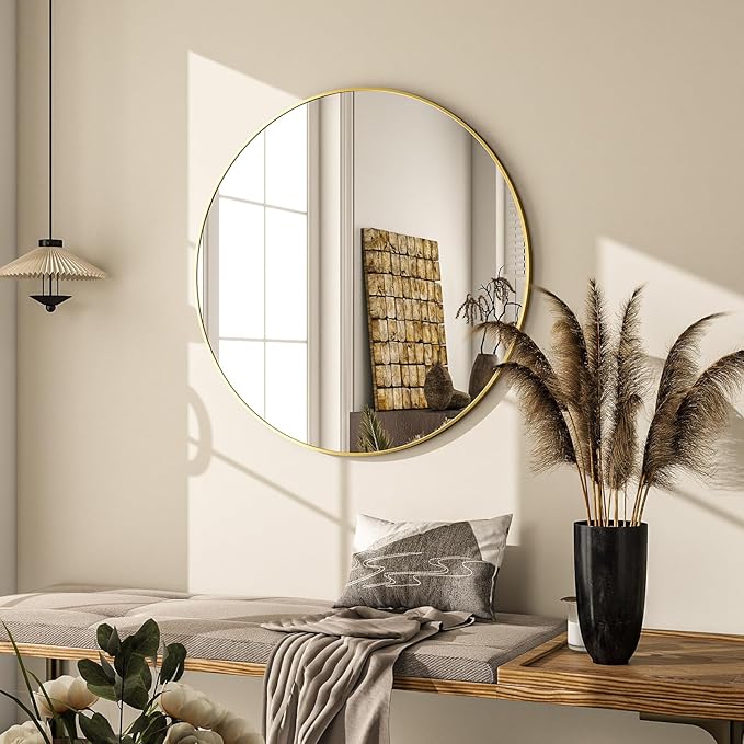 Round Mirror Wall Mounted Mirror - 20" Circle Mirror Bathroom Vanity Mirror with Aluminum Frame for Bedroom Living Room, Entryway Decor Gold Mirror