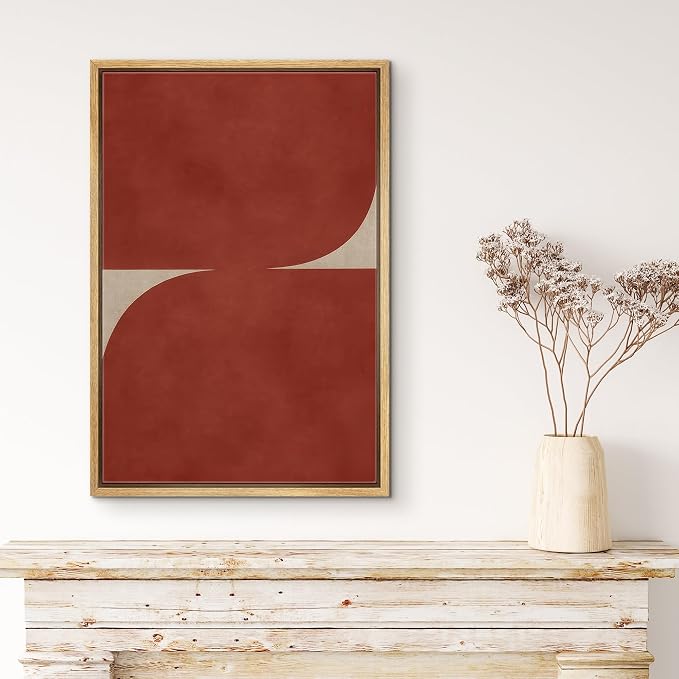 MUDECOR Framed Canvas Print Wall Art Modern Geometric Curve in Deep Red and Taupe Illustrations Fine Art Mid-Century Modern Multicolor for Living Room, Bedroom, Office - 16"x24" NATURAL