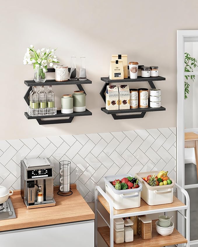 CHOEZON Hexagon Floating Shelves for Wall, Set of 2, 2 -Tier Hanging Shelves, Wall Mounted Storage Shelves, for Living Room, Bedroom, Kitchen, Home Office, Study, Black TBJ06P2BB