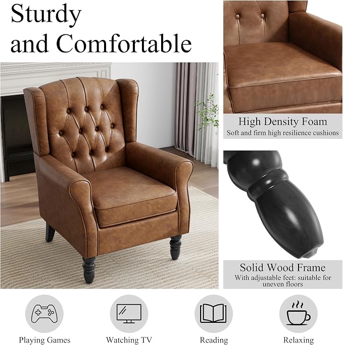 Pia Ricco Set of 2 Mid-Century Modern Wingback Accent Chairs - Luxe Brown Faux Leather with Wooden Legs, Easy-Clean PU Leather for Living Room, Lounge, Home Theater & Dining Room
