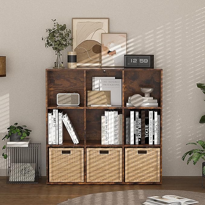 Wooden 9 Cube Storage Organizer with Closed Back Panel,Brown Cube Shelf Cubby Storage Organizers with Compartments for Living,Bookshelf,Organizers Easy to Install (Retro Brown, 9 Cube)