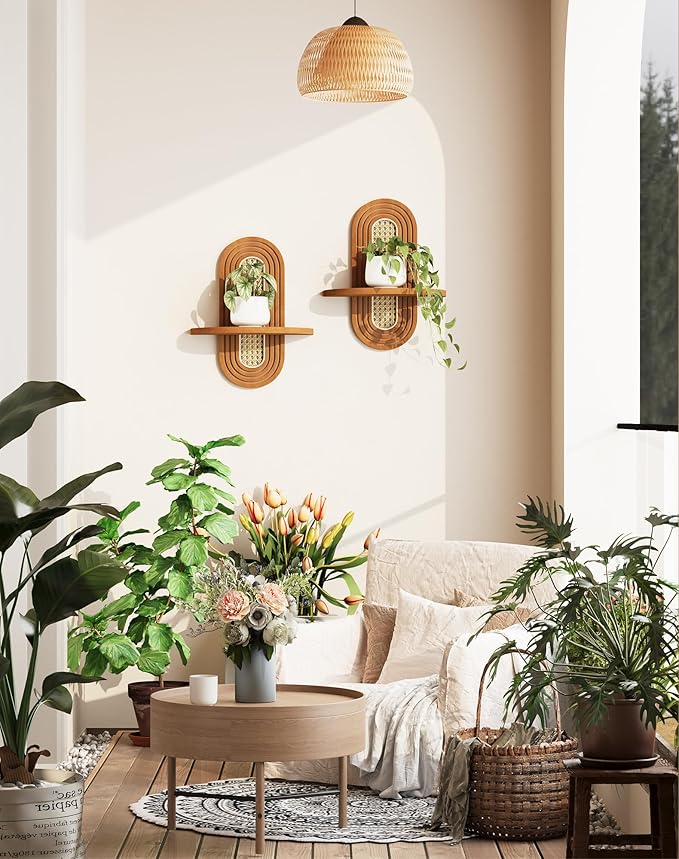 Floating Shelves for Wall, Boho Rattan Plant Shelf Set of 2, Mid Century Small Decorative Shelf Wall-Mounted, Natural Wood Shelves for Living Room,Bedroom,Nursey Room (Walnut)