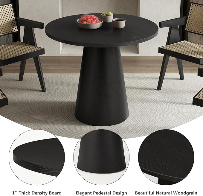 Round Dining Table Wood for 2-4, Modern Farmhouse Kitchen Table, 35'' Small Circle Dining Tables with Pedastal for Kitchen Living Room (Black)