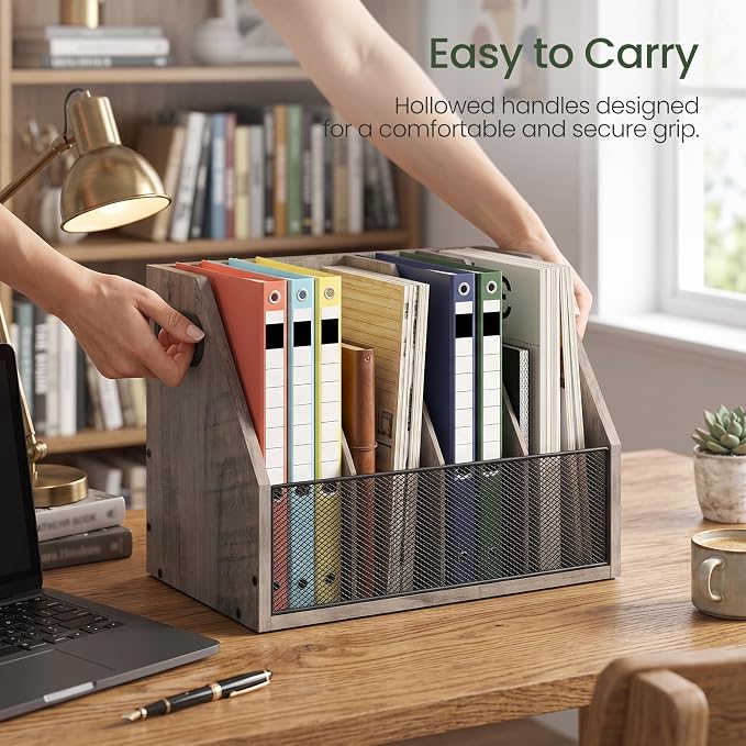 CHOEZON Wooden Desktop File Organizer with Removable Dividers, Mesh Front Panel for Paper, Mail, Magazine, Home Office Desk Storage, Easy Assembly, Greige MWJ06FH
