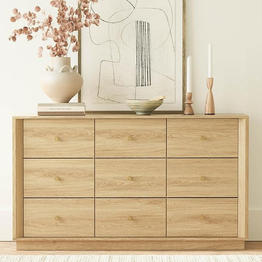 9 Drawer Dresser, Mid Century Modern Dresser with Storage, 55" Wide Chest of Drawers with Wood Grain Texture, Dressers TV Stand for Bedroom, Living Room, Hallway, Gold Oak