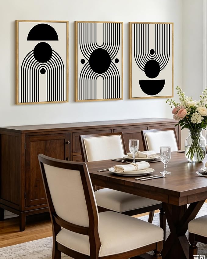 KUVIOKE Black Abstract Framed Wall Art Minimalist Geometry Lines Painting Artwork for Living Room Bedroom 16x24in (Natural Framed)