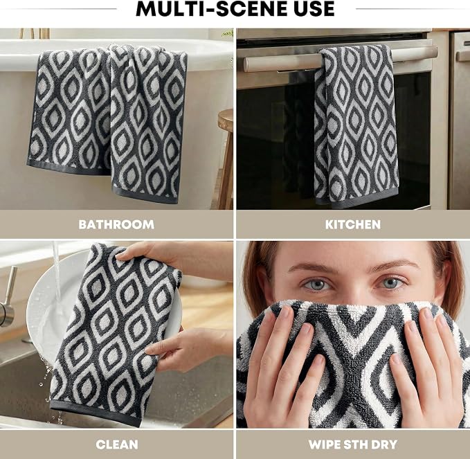 Artoid Mode 2 Pcs Beige Grey Diamond Grid Jacquard Hand Towels for Bathroom, 100% Cotton Soft Absorbent Bathroom Decor Towels, 13.7 x 29.5 Inch